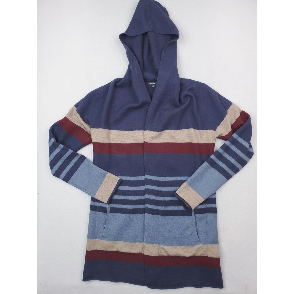 Toad&Co Sweater Womens M Blue Striped Merino Wool Heartfelt Hoodie Cardigan